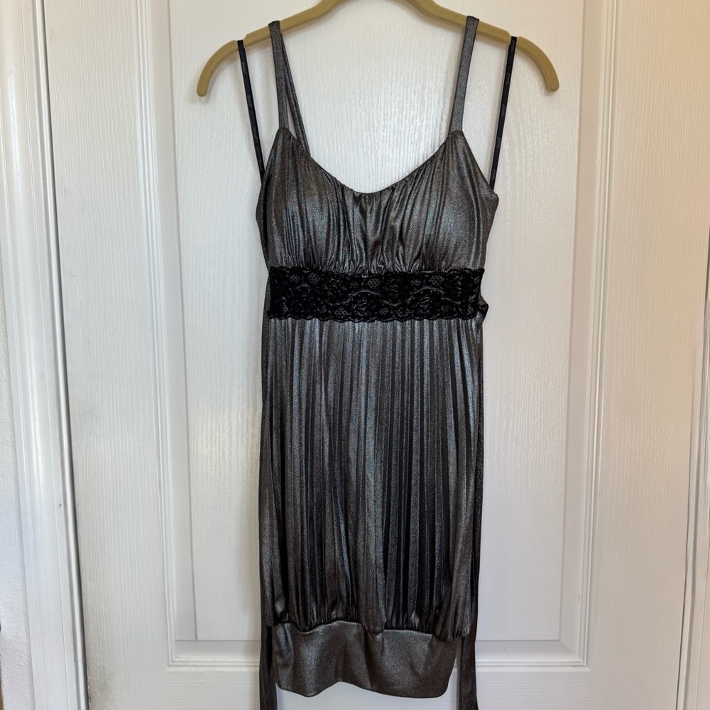 Papaya Metallic Silver Dress with Black Lace Detail